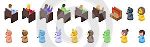Puppets show icons set isometric vector. Adult theatre