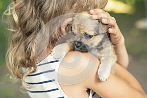 Puppie on a girl shoulder outdoor, dog looking over shoulder