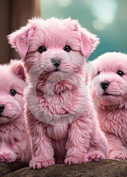 puppies in a basket, hyper realistic pink puppies