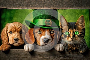 Puppies and Cat Peeking Over a Fence on St Patricks Day - AI Generative