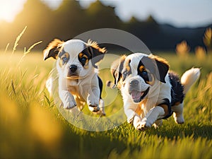 puppies in a field running and playing together. ai generative