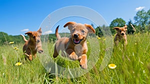 Puppies frolicking in a sunny meadow