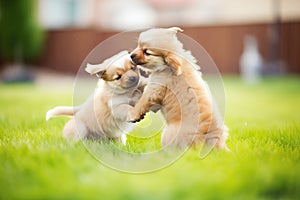 puppies playfighting on green grass