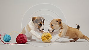 puppies playing with knit balls, the joy and innocence of the puppies as they interact with the colorful balls, evoking