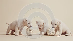 puppies playing with knit balls, the joy and innocence of the puppies as they interact with the colorful balls, evoking