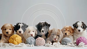 puppies playing with knit balls, the joy and innocence of the puppies as they interact with the colorful balls, evoking