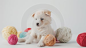 puppies playing with knit balls, the joy and innocence of the puppies as they interact with the colorful balls, evoking