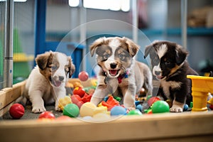 puppies in a playpen interacting and playing with toys