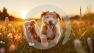 Puppies running in sunset-lit field. A concept of playful joy.