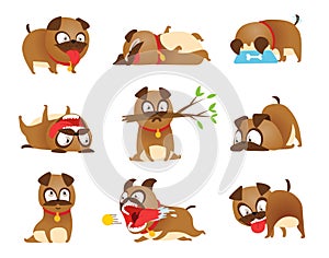 Puppy activity set. Cartoon dog set. Dogs tricks icons and action training digging dirt eating pet food jumping wiggle