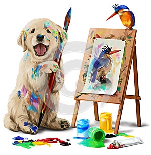 Puppy the artist draws the bird