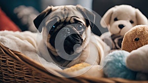 puppy in basket A sorrowful pug puppy with big, glossy eyes, sitting in a cozy basket filled with soft blankets