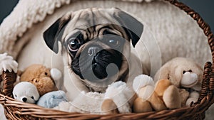 puppy in basket A sorrowful pug puppy with big, glossy eyes, sitting in a cozy basket filled with soft blankets