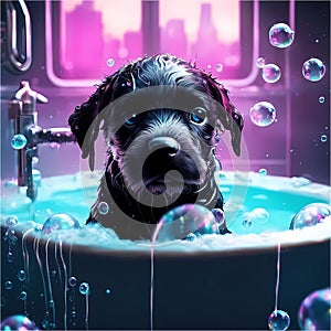 Puppy, bath and bubbly bliss for adorable cleanliness and joyful pampering.