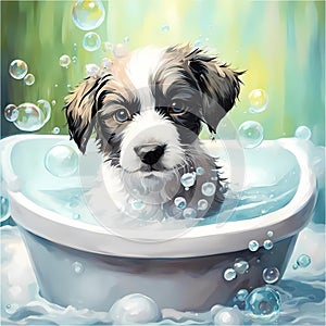 Puppy, bath and bubbly bliss for adorable cleanliness and joyful pampering.