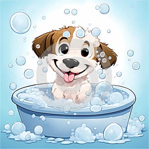 Puppy, bath and bubbly bliss for adorable cleanliness and joyful pampering.