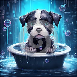 Puppy, bath and bubbly bliss for adorable cleanliness and joyful pampering.