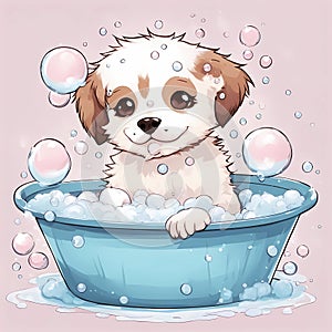 Puppy, bath and bubbly bliss for adorable cleanliness and joyful pampering.