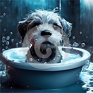 Puppy, bath and bubbly bliss for adorable cleanliness and joyful pampering.