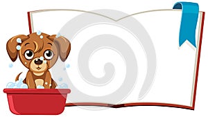 A puppy in a bath with open storybook background