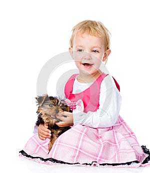 Puppy bites a girl's finger. isolated on white background