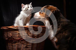 a puppy and a cat staking claim over a basket