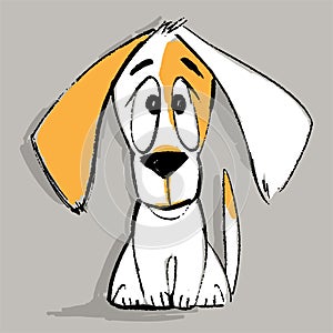 Puppy character in vector. Funny cartoon small pet. Vector illustration. Cute doggy sitting isolated on grey background.