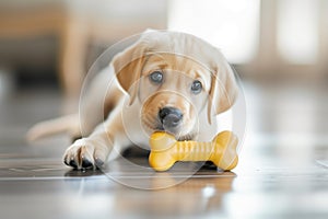 puppy with a chew toy shaped like a bone