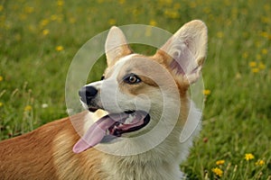 Puppy Corgi.Young energetic dog on a walk. Puppies education, cynology, intensive training of young dogs. Walking dogs in nature.