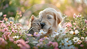 a puppy cuddles up to a cat while they are in a field with