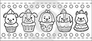 Puppy cupcake delights, sweet bakery with cute dog topping, black and white hand drawing, vector illustrations.