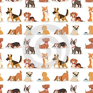 Puppy cute playing dogs characters funny purebred comic happy mammal doggy breed seamless pattern background vector