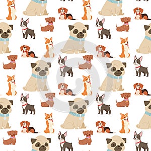 Puppy cute playing dogs characters funny purebred comic happy mammal doggy breed seamless pattern background vector