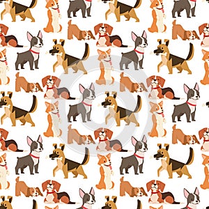 Puppy cute playing dogs characters funny purebred comic happy mammal doggy breed seamless pattern background vector