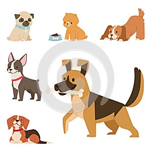 Puppy cute playing dogs characters funny purebred comic happy mammal doggy breed vector illustration.