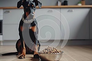 A puppy doberman dog portrait wearing a spiked collar laying with head raised in front of a bowl of food waiting to an order to