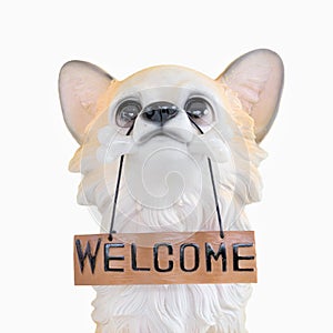 Puppy dog doll holding a wooden plate with word