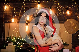 Puppy dog. Happy new year. Merry christmas. Attractive woman lovely pet. Dogs friendly concept. Animals rights. Little