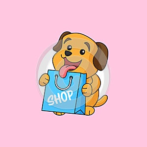 Puppy dog holding shopping bag animal store mascot logo vector illustration