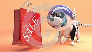 Puppy dog on Mars in spacesuit finds a sale shopping bag, 3d illustration