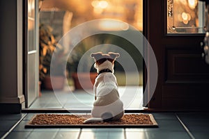 Puppy dog patiently sitting by front door, eagerly awaiting an outing with their owner