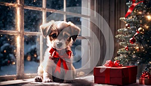 A puppy dog sits on a carpet surrounded by Christmas decorations
