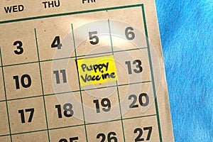 Puppy or dog vaccination schedule concept. Written reminder note on calendar.