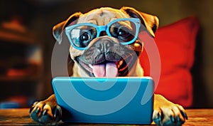 Puppy dog wearing blue rim glasses in front of a laptop. Generative Ai