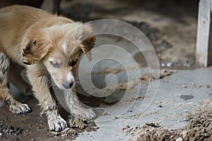 puppy with droopy ears by a muddy floor