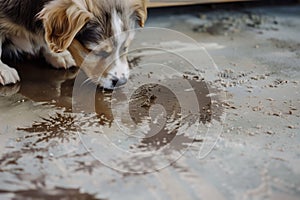 puppy with droopy ears by a muddy floor photo