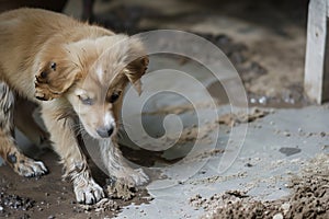 puppy with droopy ears by a muddy floor photo