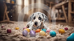 puppy with easter eggs A playful Dalmatian puppy wearing bunny ears, sitting amidst a comical mess of spilled eggs