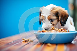 puppy eating kibble from a bright blue bowl