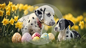 puppy with eggs An adorable Dalmatian puppy sitting in a grassy meadow,